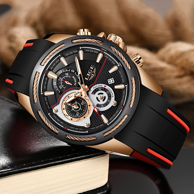 LIGE New Mens Watches Silicone Strap Watch Men Top Brand Luxury Waterproof Sport Chronograph Quartz Wristwatch reloj hombre+Box