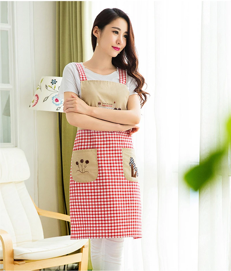 1 Plaids Pattern Apron Woman Adult Bibs Home Cooking Baking Shop Cleaning Aprons For Pocket Kitchen Accessory Waterproof And Oil