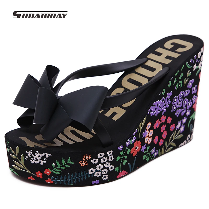 Новинка 2017 года женская летняя обувь на сверхвысоком каблуке для Девочек Пляжные Шлепанцы женские цветок лук-узел платформы сандалии на та...