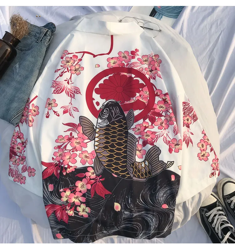 Японский Harajuku Винтаж рубашка для мужчин хип хоп рубашки для мальчиков Cherry Blossom Карп уличная без воротника Три четверти повседневное