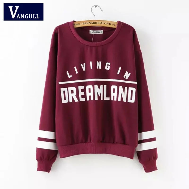 Sping Kawaii Pullovers 2016 High Street Autumn Women Casual Tops Long Sleeve Wine Red Round Neck Letters Print Women Sweatshirt