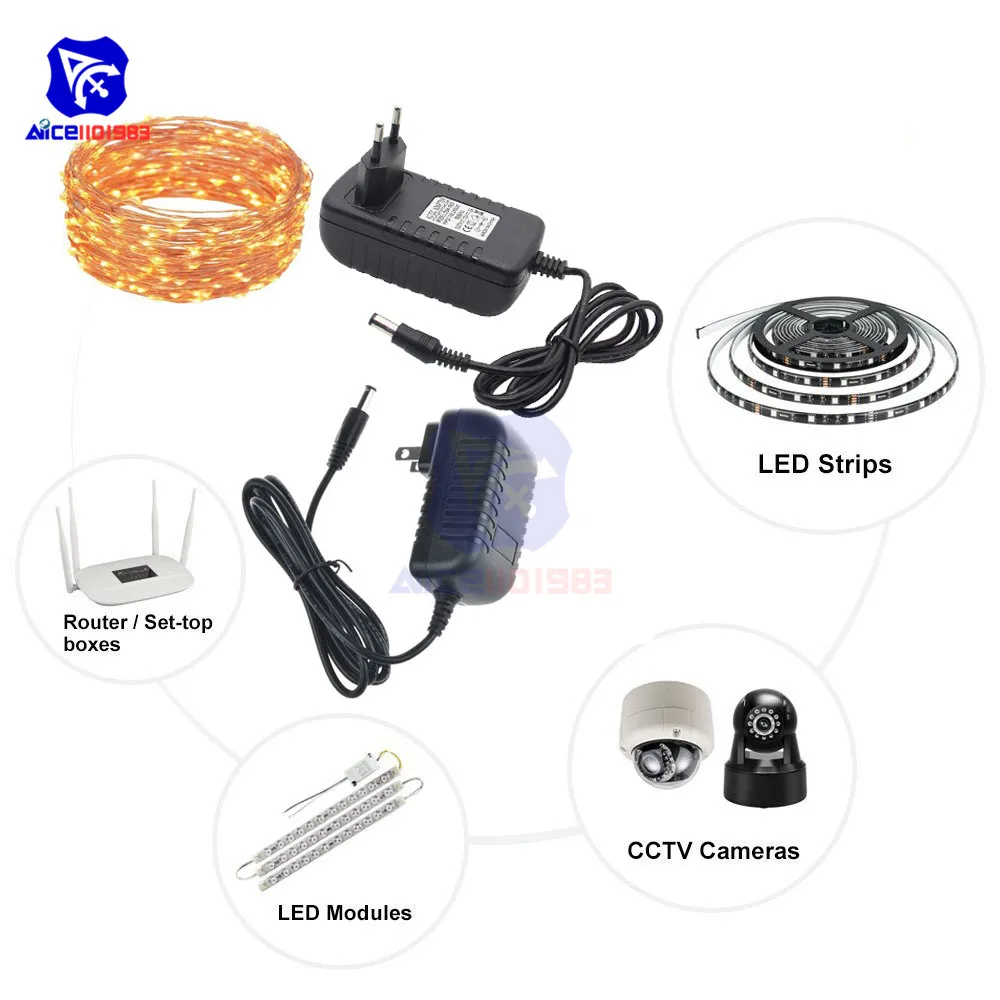 

AC 100 -240V 0.5A to DC 12V 2A/1.8A US/EU Plug DC Power Jack 5.5*2.1mm Male Adapter for LED Strip Router CCTV 5.5x2.1mm