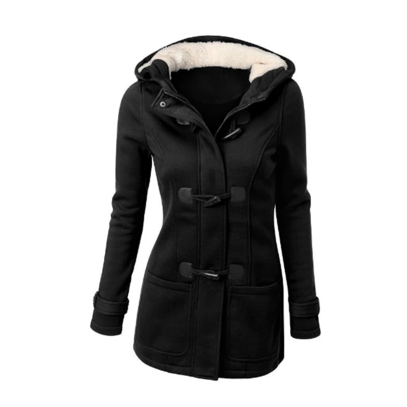 Женская Базовая куртка, пальто, женские парки, длинное пальто с капюшоном, парки, пальто на молнии, верхняя одежда с роговыми пуговицами, casaco feminino 50 - Color: Black