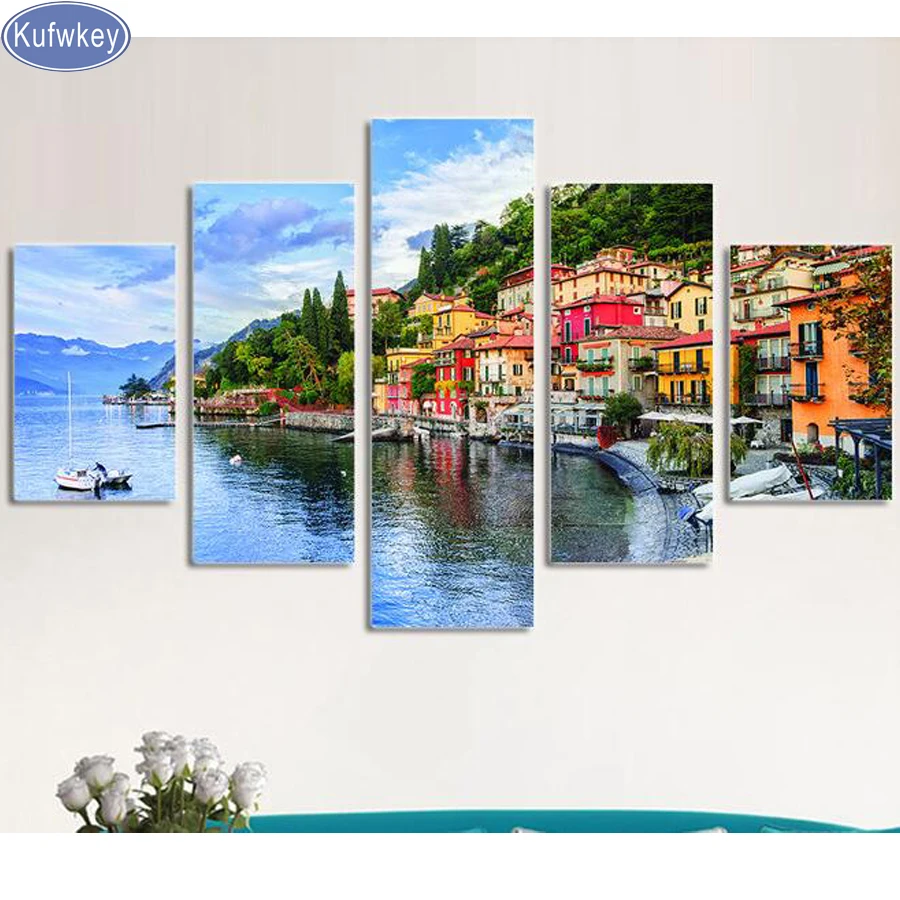 

5pcs 5d diamond embroidery full diamond painting cross stitch sea village nature Scenic pictures wall sticker christmas painting