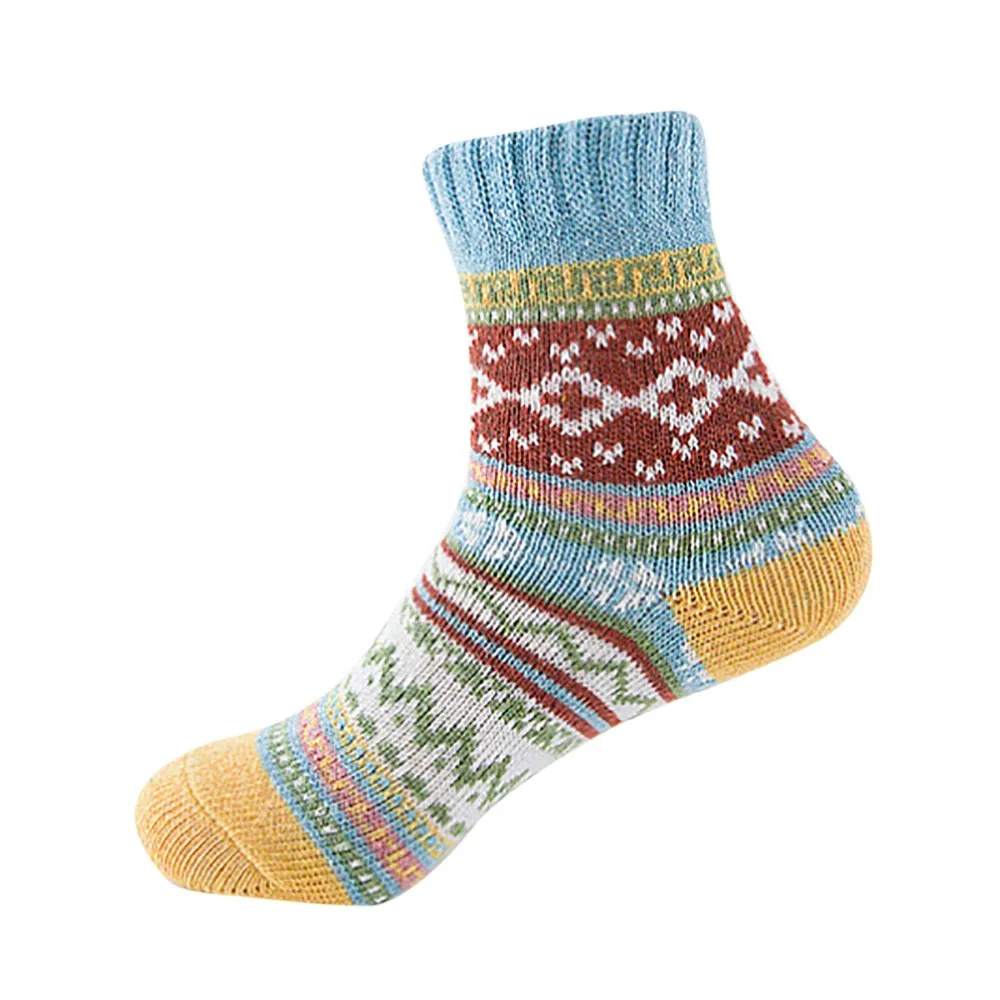 Feitong Женские винтажные зимние мягкие теплые толстые шерстяные вязаные носки с геометрическим принтом - Цвет: Blue