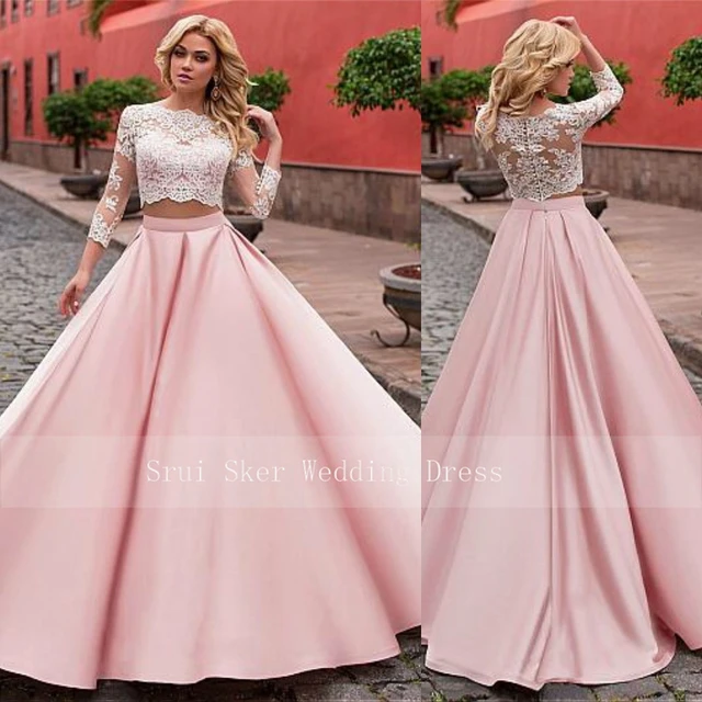 Two Piece Lace-up Satin Prom Dresses Wide Strap Evening Dress FD2027 –  Viniodress