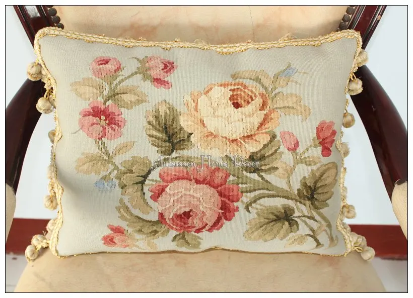 Wool Handwoven Aubusson Pillow BLUE PINK Shabby French Chic Rose