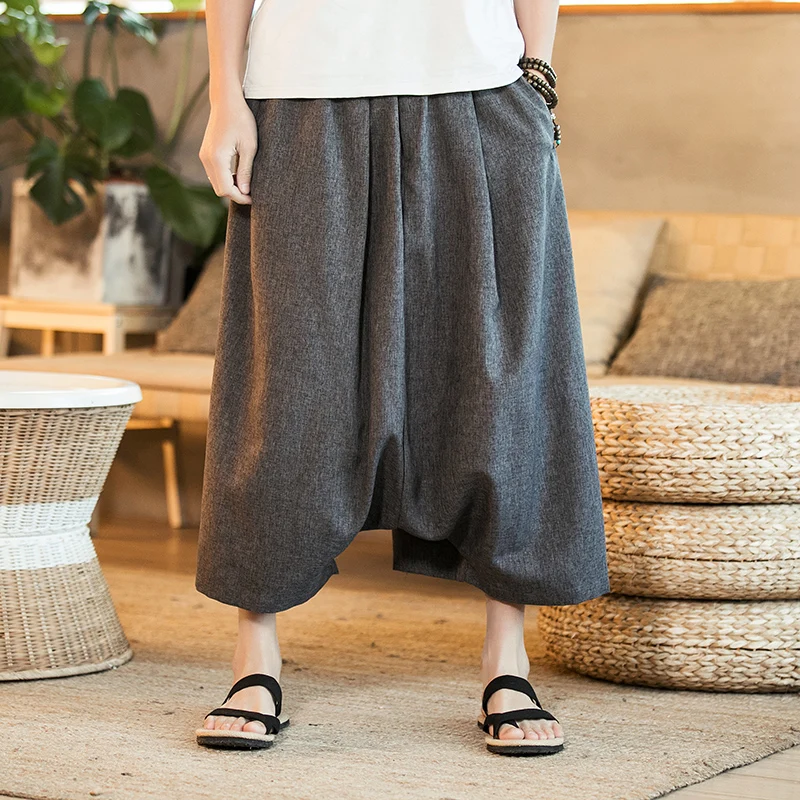 

Summer Bohemia Extra width Male Bermuda Casual thin Board Shorts Men Loose Linen Shorts Knee Length Harem trousers solid grey