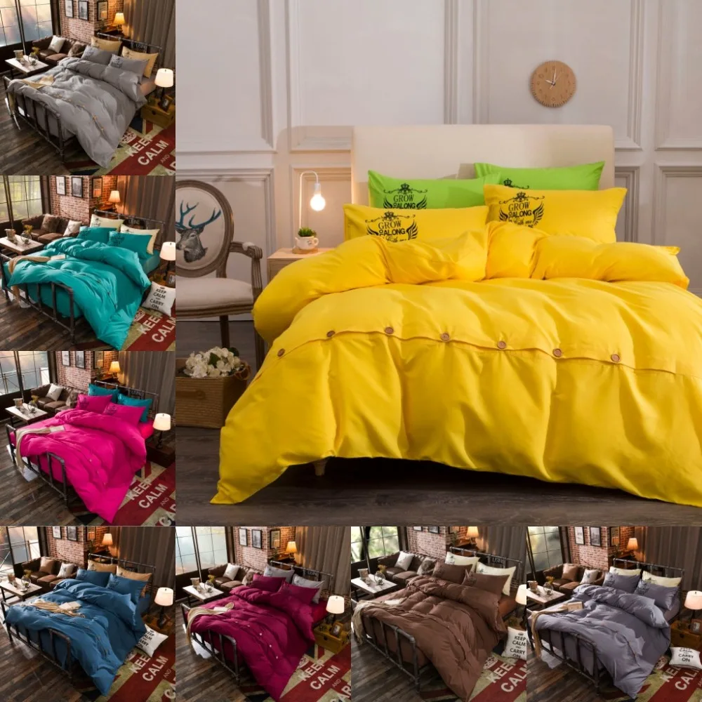 

Solid Yellow Fuchsia Duvet Cover Comfort BS27 19 colors Bedding Covers With Buttons Flat Sheet Pillowcase Plain Dyed Bedspread