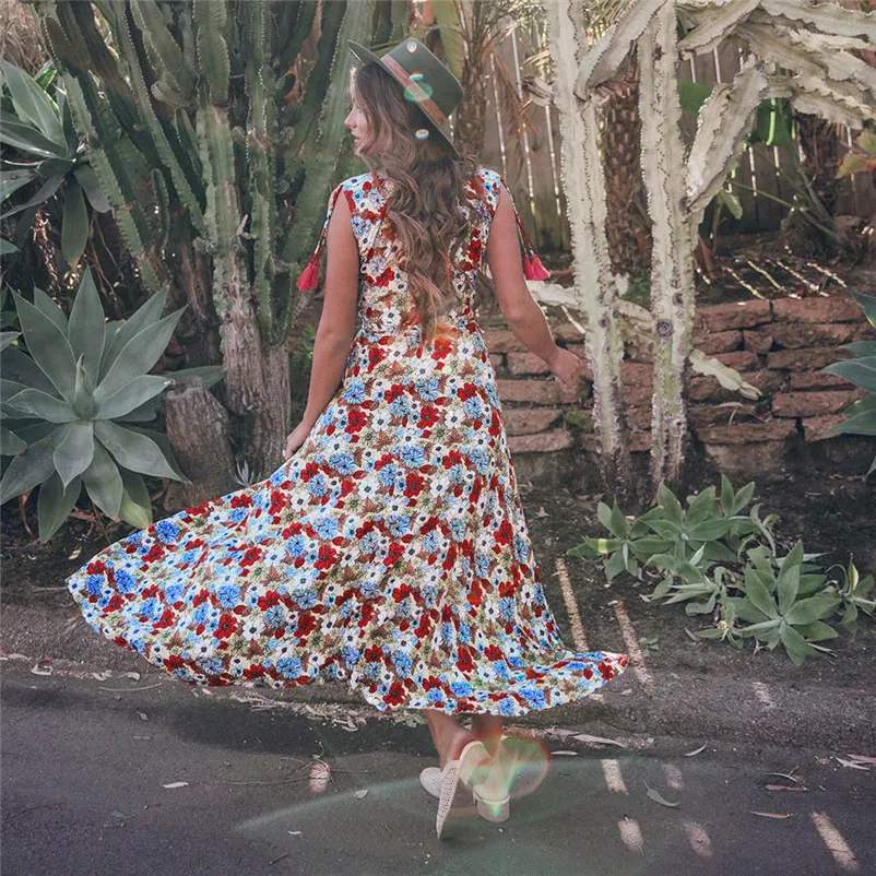 Fashion summer dress 2018 Beach dress Women Casual Floral Printed Bohemia Beach V-Neck Lace-up Long Maxi Cardigan Dress J12#N (12)