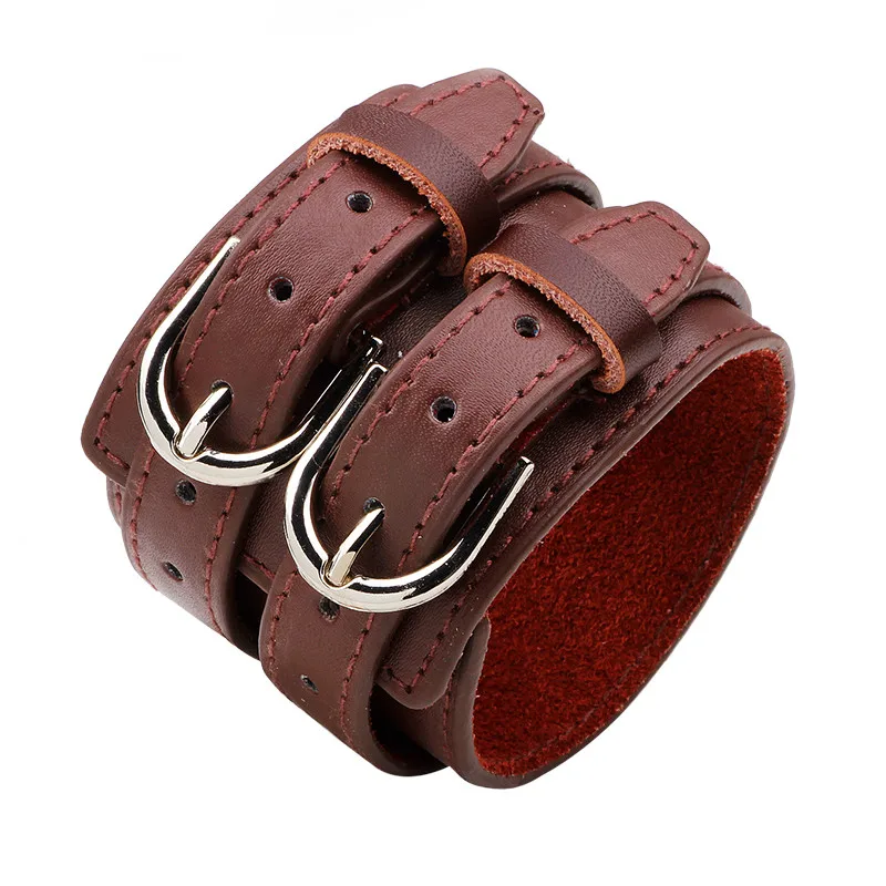 Leather Bracelet ZORCVENS Fashion Double Belt Leather Wrist Friendship Big Wide Bracelet for Men Buckle Vintage Punk Jewelry
