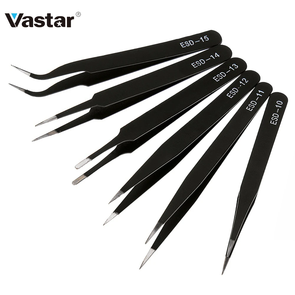 6Pcs ESD Safe Precision Tweezers Stainless Steel Anti Static Maintenance ToolH-E