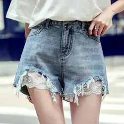Для женщин джинсовые шорты новые летние джинсовые свободные кисточкой рваные высокая талия широкие женские шорты с кружевом в стиле