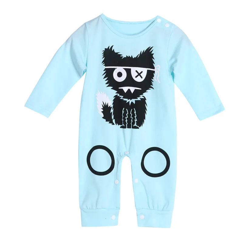 Newborn Baby Long Sleeve Cotton Romper Cloth Cartoon Cat Printing Infant Girls Boys Toddler Pajamas clothing  sky blue