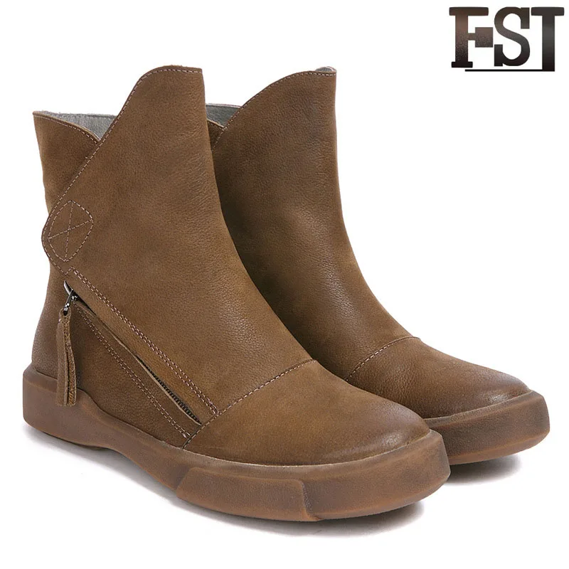

FSJ Genuine Leather Shoes Ladies Women Cow Leather Ankle Boots Riding Equestrian Spring/Autumn Winter Sewing Fashion Casual