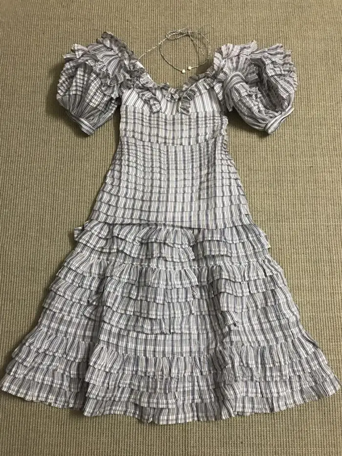 Robes Plis Bouffantes Rayé Manches Encolure Longues Peint Coeur Eté Évider Femmes Pour Printemps Robe Gray Midi Gris 1B7HqT