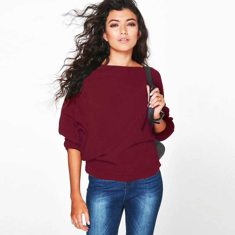 

Fashion Sweater Women Loose Batwing Full Sleeve Pullover O-neck Casual Jumper Gray Black White Knitting Fall Female Tops 9792