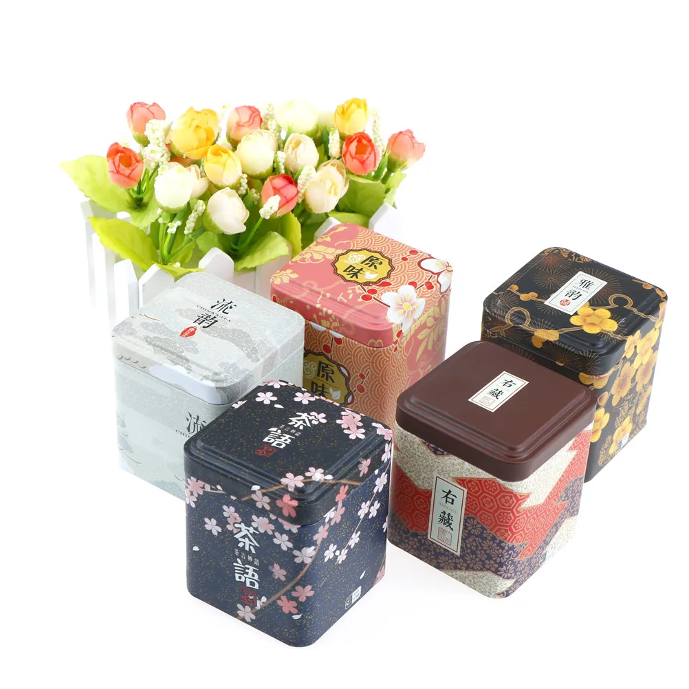 

Beautiful Colorful Sakura Floral Pastoral Iron Storage Tank Box Coffee Tea Tin Container Square Sealed Cans Vintage