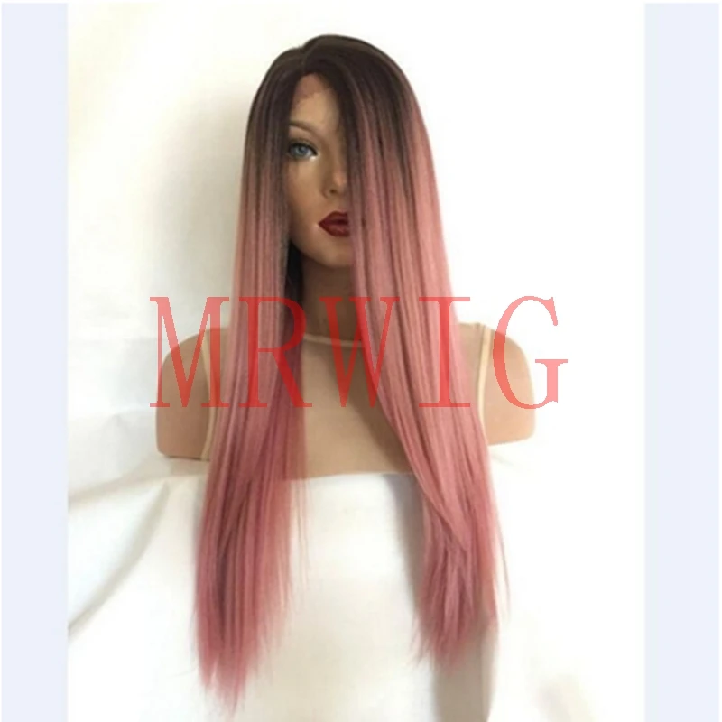 

MRWIG Long Straight Ombre Pink Heat Resistant Synthetic Two Tone Right Side Part 22Inch Real Hair 150% 300g for Lady