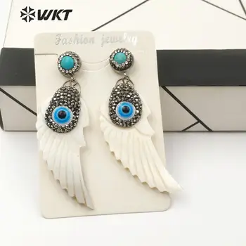 

WT-RE082 WKT Carved Feather Shell Earrings White Color Wing Earring With Evil Eye Shell Feather Earrings Sea Shell Jewelry