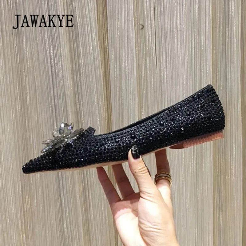 

2018 Rhinestone Diamond Flower Flat Shoes Women Pointed Toe Bling Bling Wedding Shoes