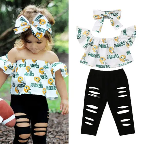 

3PCS Kids Baby Girls Outfits Off Shoulder Tops Ripped Leggings Pants Clothes Set