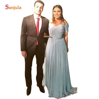 

Vestido De Gasa Largos A-line Sweetheart Off Shoulder Bridesmaid Dresses With Short Sleeve Floor Length Long Wedding Guest Dress
