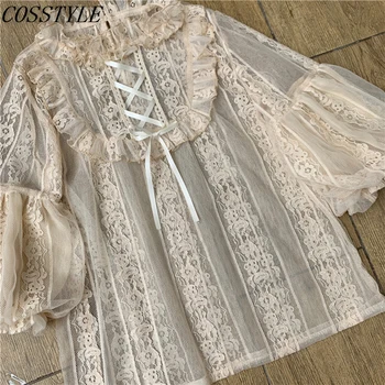 

Apricot Half Puff Sleeve Lace Top Women O-Neck Elegant Blusas Female Lace-up Bottoming Undershirt Lolita Blouse