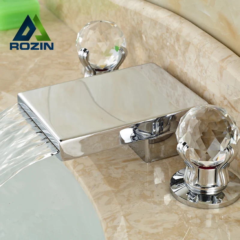 

Deck Mount Chrome Finish Waterfall Basin Faucet Bathroom Dual Handles Mixer Tap
