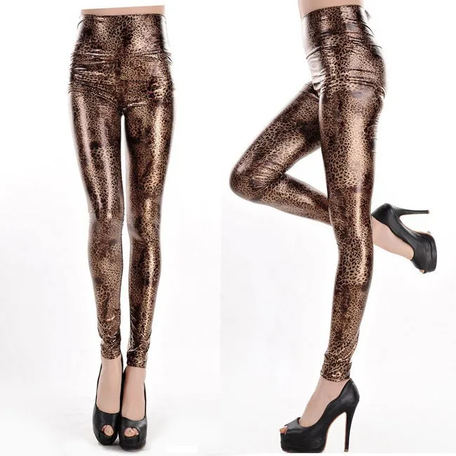 Готические женские леггинсы с высокой талией, сексуальные блестящие штаны из искусственной кожи со змеиным узором, бронзовые леггинсы в стиле панк, Прямая поставка