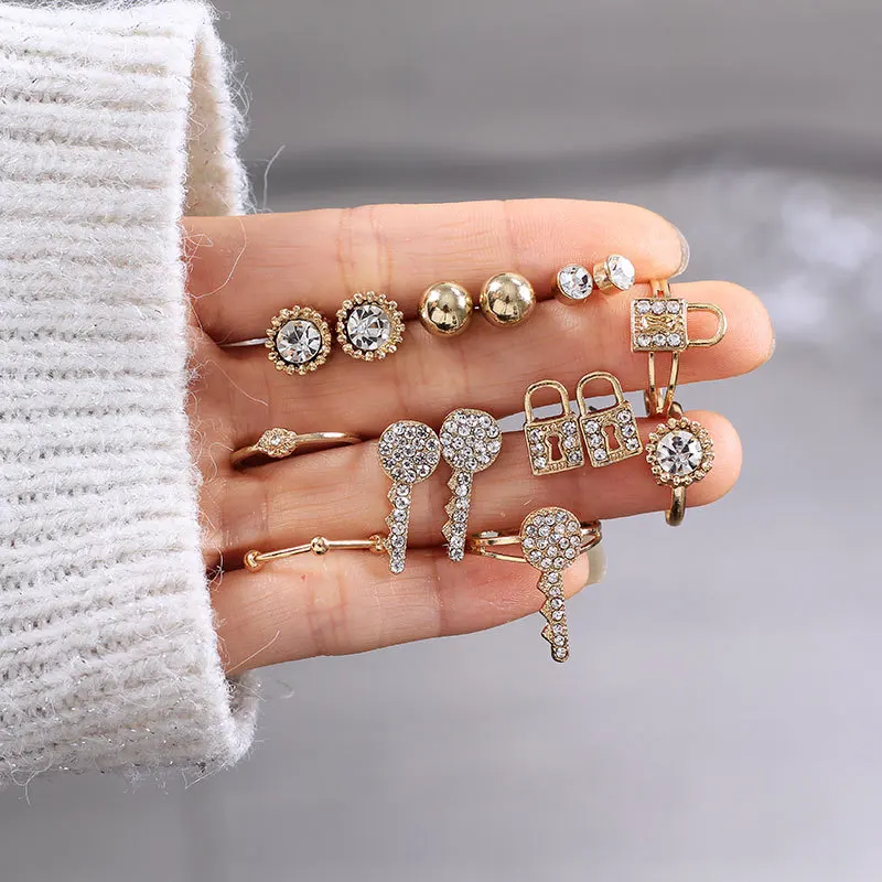 

Trendy Lock Key Shape Rings Skeleton Stud Earrings Jewelry Sets With Rhinestone Gold Jewelry Wedding Birthday Gift For Girl