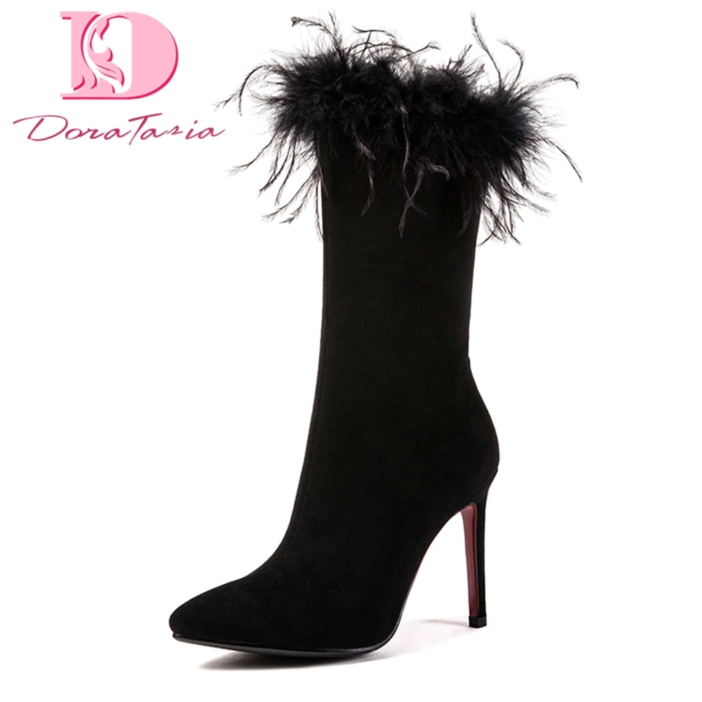 

DoraTasia brand New Plus Size 33-43 Pointed Toe real fur women's party Boots woman thin High Heels Mid Calf Boots Shoes Woman