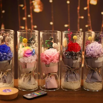 

Valentine's Day Gift Lighted Glass Cover Fresh Preserved Rose Flower Lmmortal Eternal Rose for Rustic Wedding Love Supplies