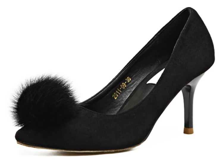 LALA IKAI Fur Pompon Decoration Women's Heels 2017 Fashion Flock 2017 Women's Pumps Wedding Shoes 040C0922-4 (16)