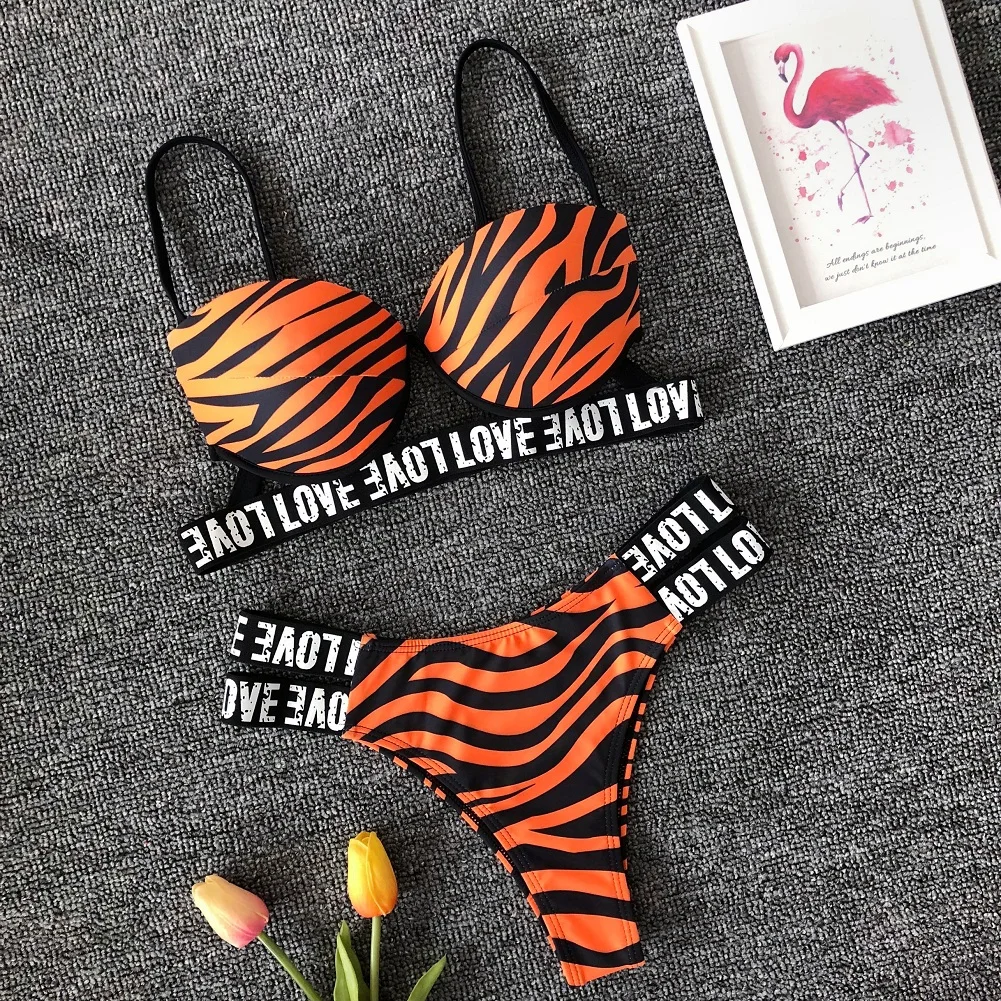 

2019 New Sexy Push-up Padded Bikini Set Swimsuits Women Letter Push-up Loved Printed Push Up Swimwear Bathing Suit Beachwear