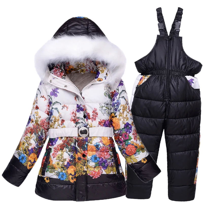 Russia winter girls snow wear kids ski suits floral print fleece jacket skiing pants 2 pieces