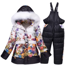 Russie hiver filles neige porter enfants ski costumes imprimé floral polaire veste + ski pantalon 2 pièces vêtements set 6 7 8 9 10 ans