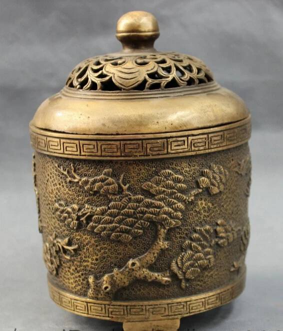 

shitou 001911 7" Tibet Bronze FengShui Wealth Pine Tree Statue Buddhism Incense Burner Censer