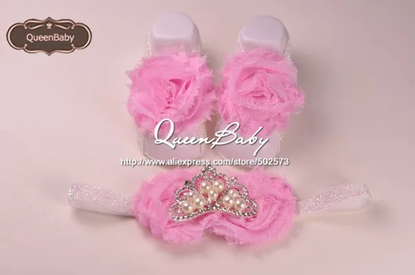 Босоножки ботинки с потрепанные шифоновые цветы в комплекте повязка на голову в форме тиары принцессы 60 компл./лот QueenBaby