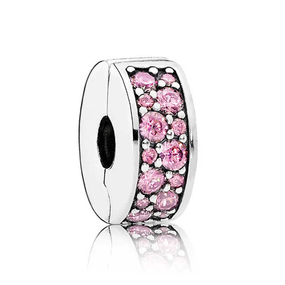 

S925 Silver DIY Jewelry Shining Elegance Clips Stoppers Charm fit Pandora Bracelet Bangle Pink CZ