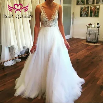 

European Stylish Tulle Wedding Dress A Line V-neck Embroidery Vestido Pure White Natural Sheer Beach Wedding Dresses w0318