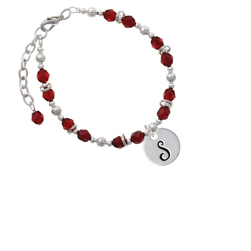 Silvertone Large Script Letter - S - 3/4'' Disc - Maroon Beaded Bracelet