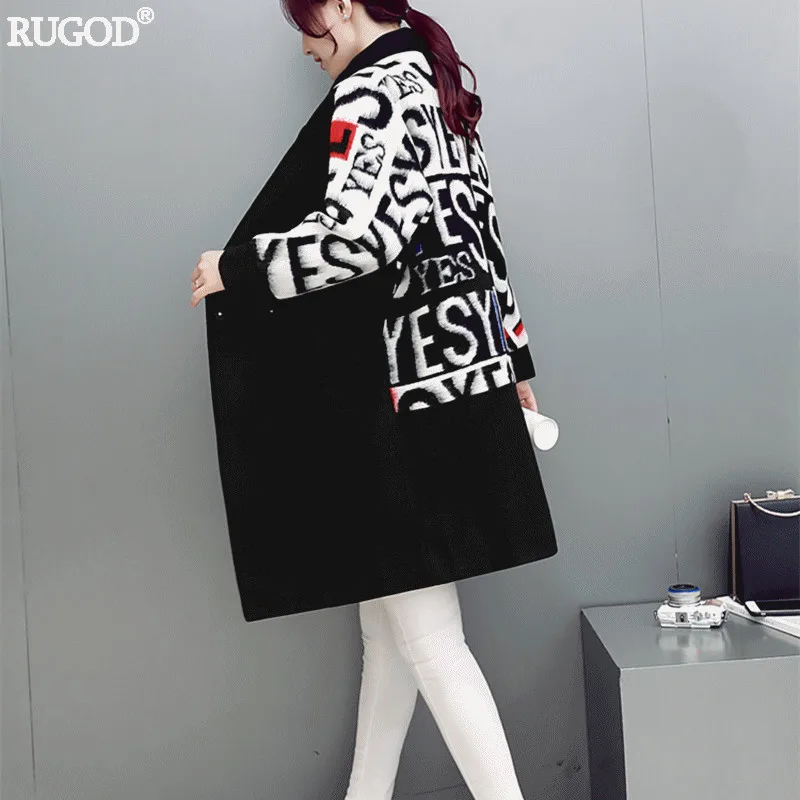 RUGOD 2018 Spring Autumn Fashion Women Flocking Trench Coat Femme Long Patchwork Letter Wool Coats Warm Woolen Outwear Overcoat