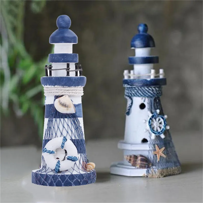 Wood Blue Nautical Seaside Sea Tower Watchtower Lighthouse Ornament Home Dec 