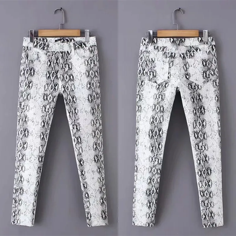 

New White Snake Striped Print Casual Pencil Jeans Fashion Women Elastic Denim Pants Lady Retro High Waist Trousers