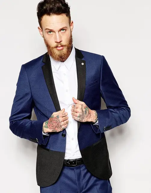 Dark Blue Slim Stitching Two Color Suit Black Morning Wedding Mens