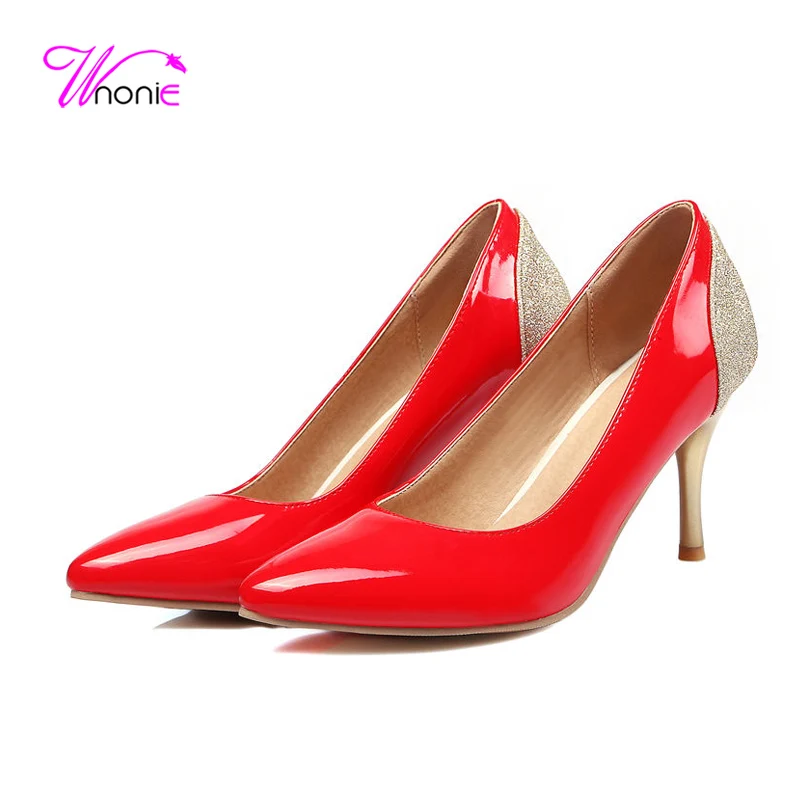 

2017 Fashion Women Basic Pumps Thin High Heels Pointed Toe Glitter PU Patent Leather Spring Autumn Sexy Party Dress Ladies Shoes