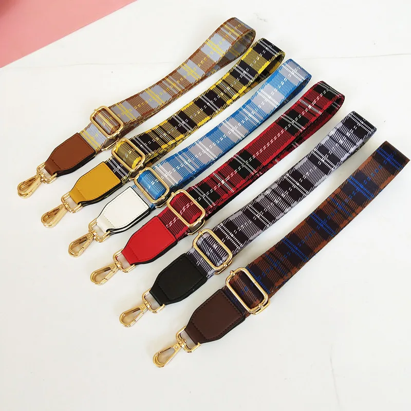 New Canvas Adjustable Women Bag Strap Trendy Stripe Design Gold Buckle Lady Shoulder Straps Easy Matching Plaid Style Bag Belts