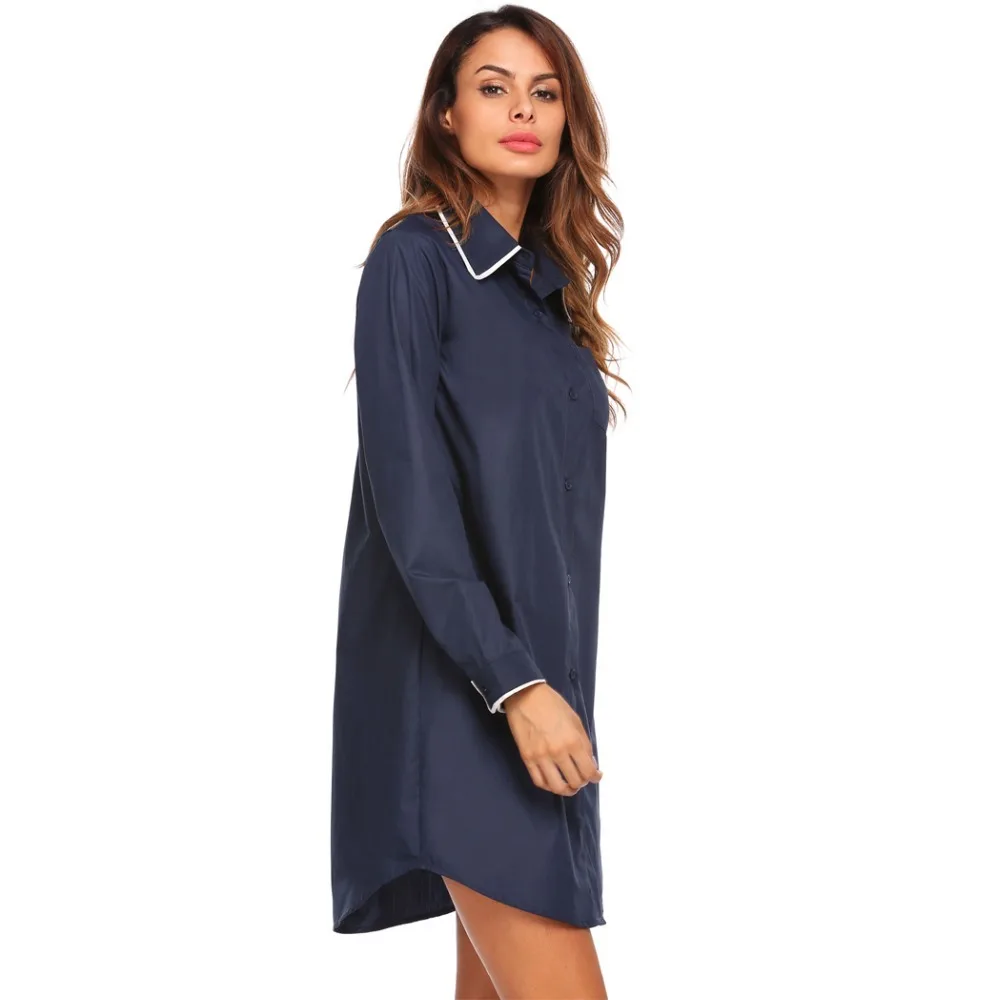Ekouaer Женская одежда для сна Повседневная Ночная рубашка на пуговицах с воротником и длинным рукавом ночная рубашка контрастного цвета ночная рубашка домашнее платье