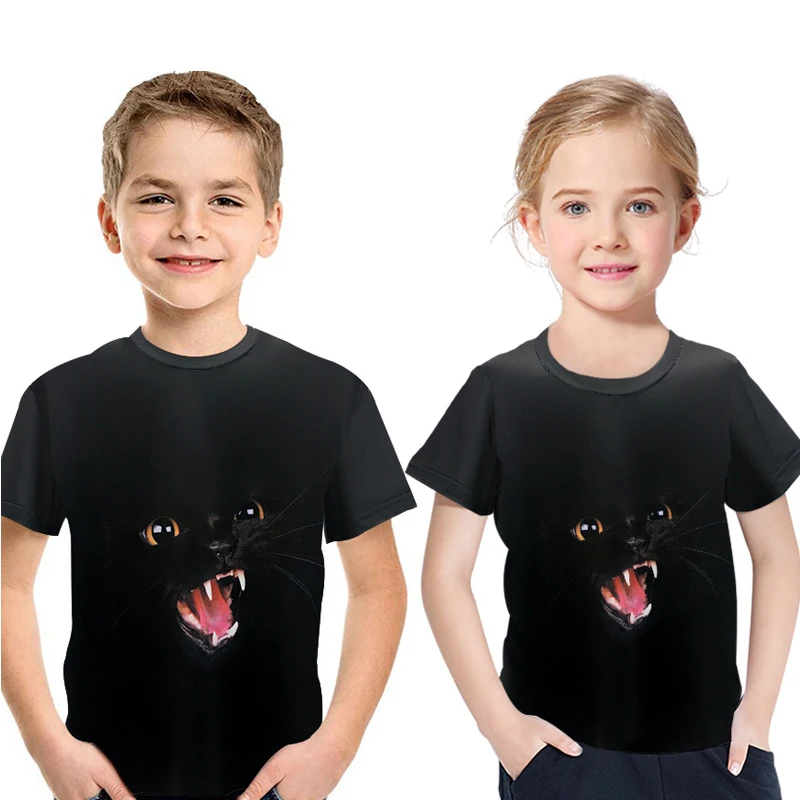 2019 verano camiseta de animales 3D de manga corta de cuello para niño y niña camiseta negra con estampado de gato bonito ropa de moda para - AliExpress